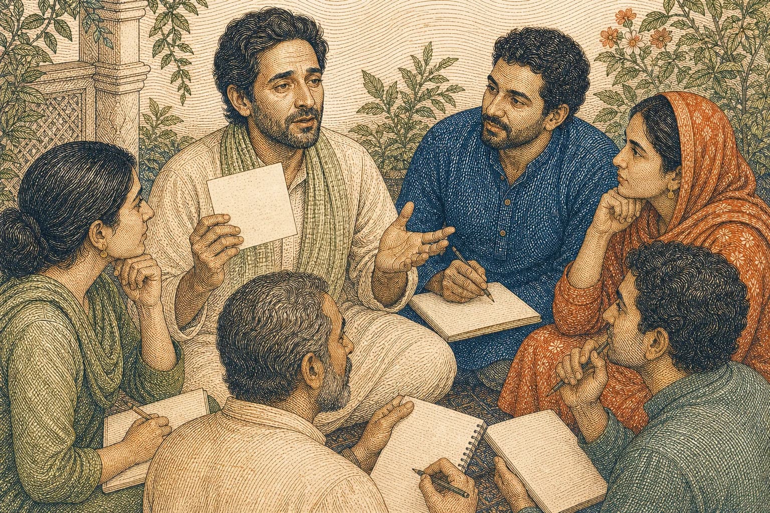 A teacher and learners discussing in a garden courtyard