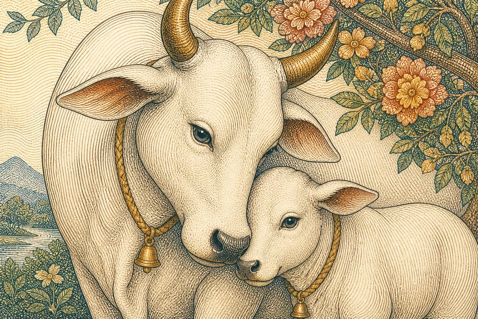 A holy white cow sheltering her calf beneath a flowering tree